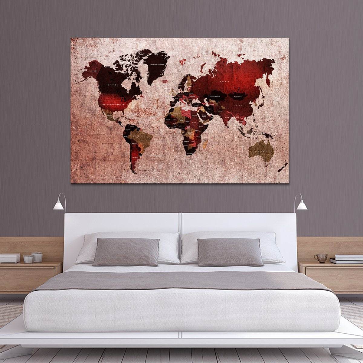 Ruby World Map Multi Panel Canvas Wall Art