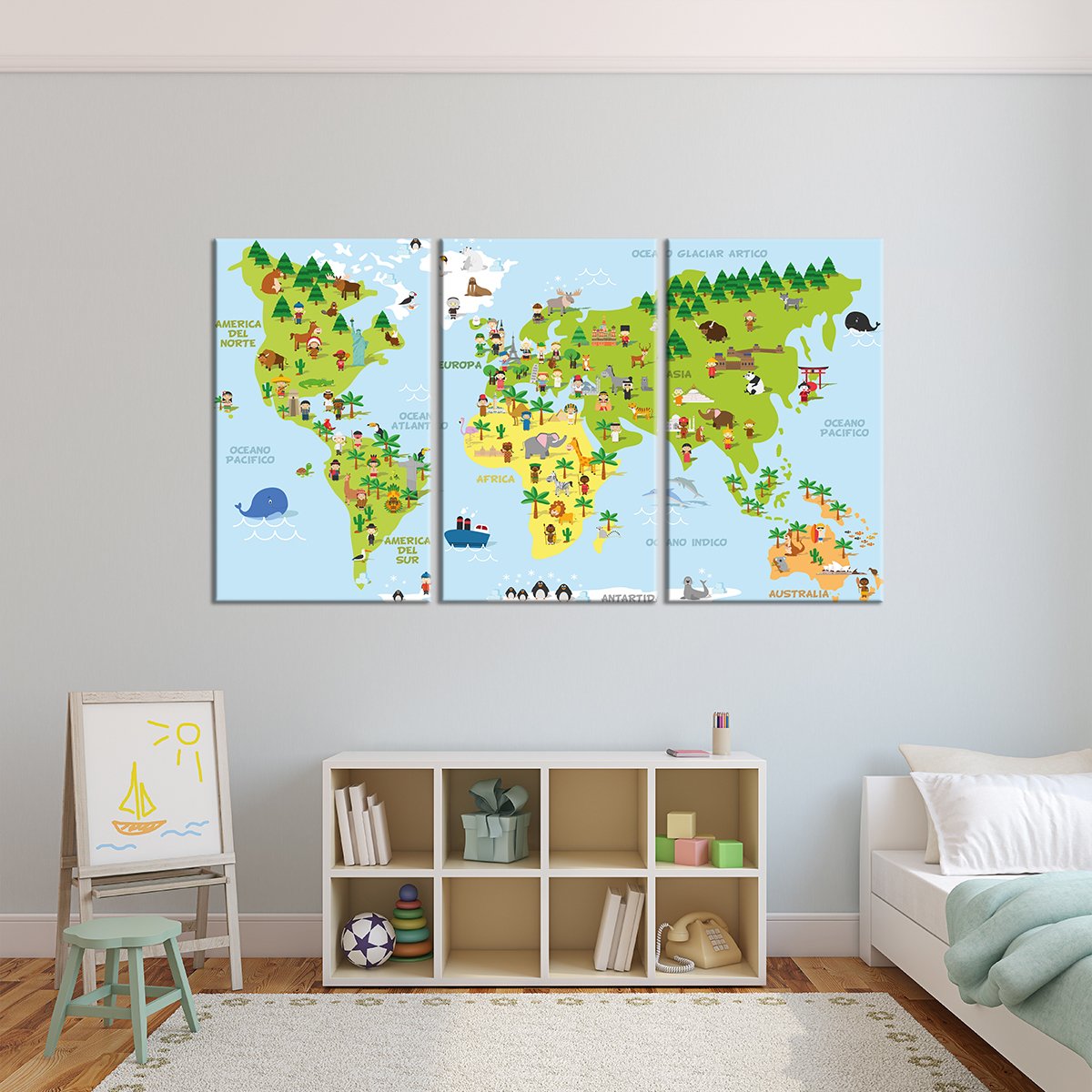 Funny Cartoon World Map Multi Panel Canvas Wall Art