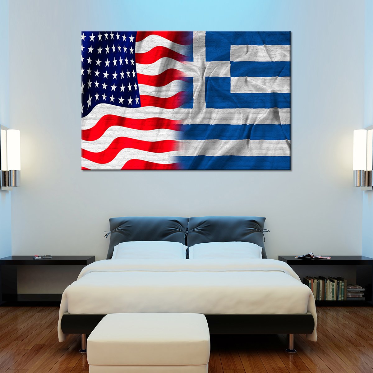 USA and Greece Flag Multi Panel Canvas Wall Art