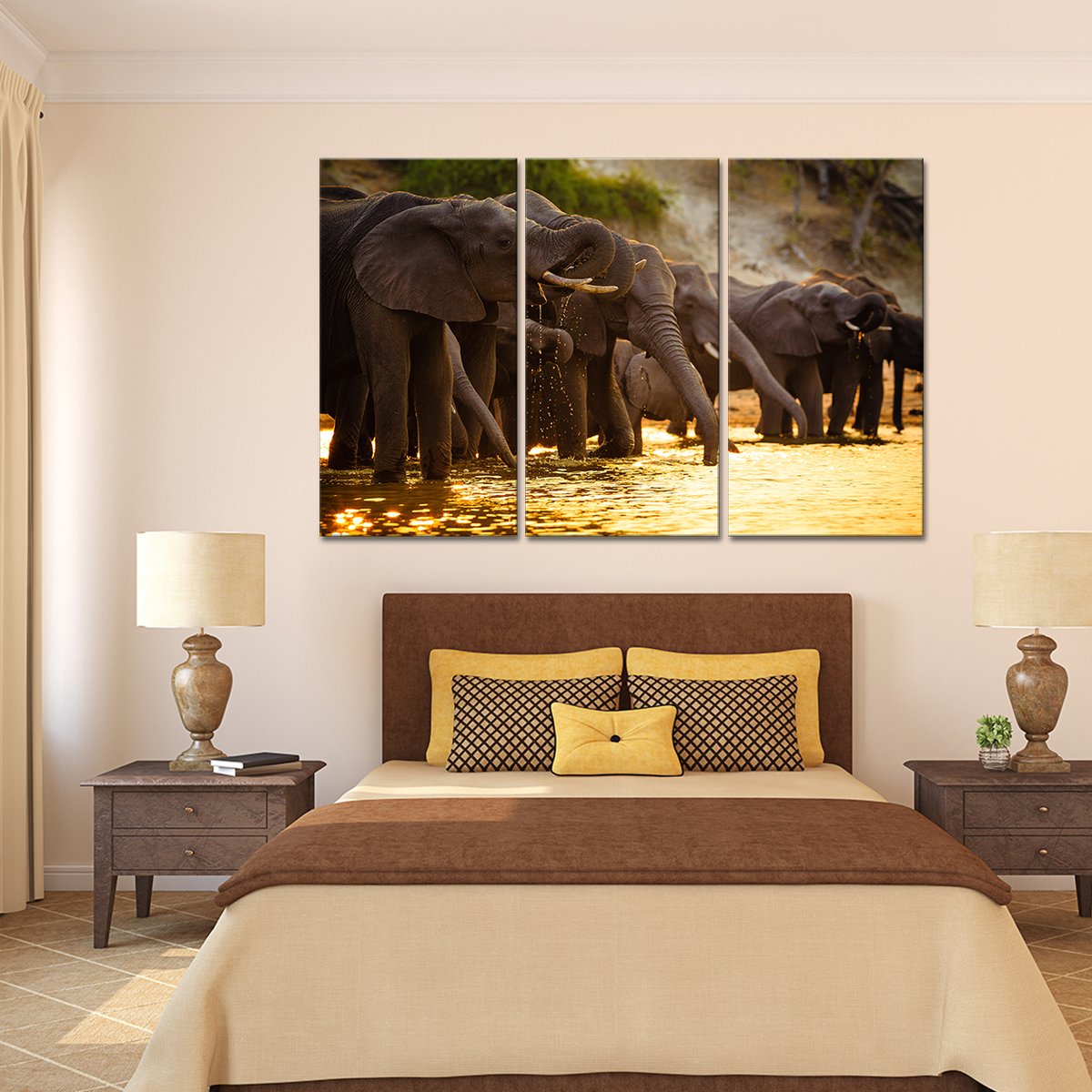 Elephants in Savanna Multi Panel Canvas Wall Art