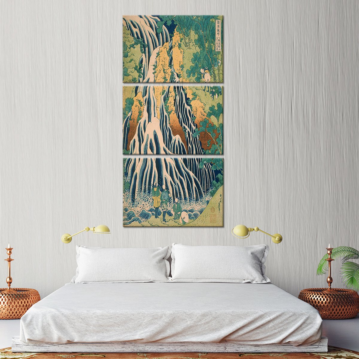 Pilgrims At Kirifuri Waterfall Multi Panel Canvas Wall Art