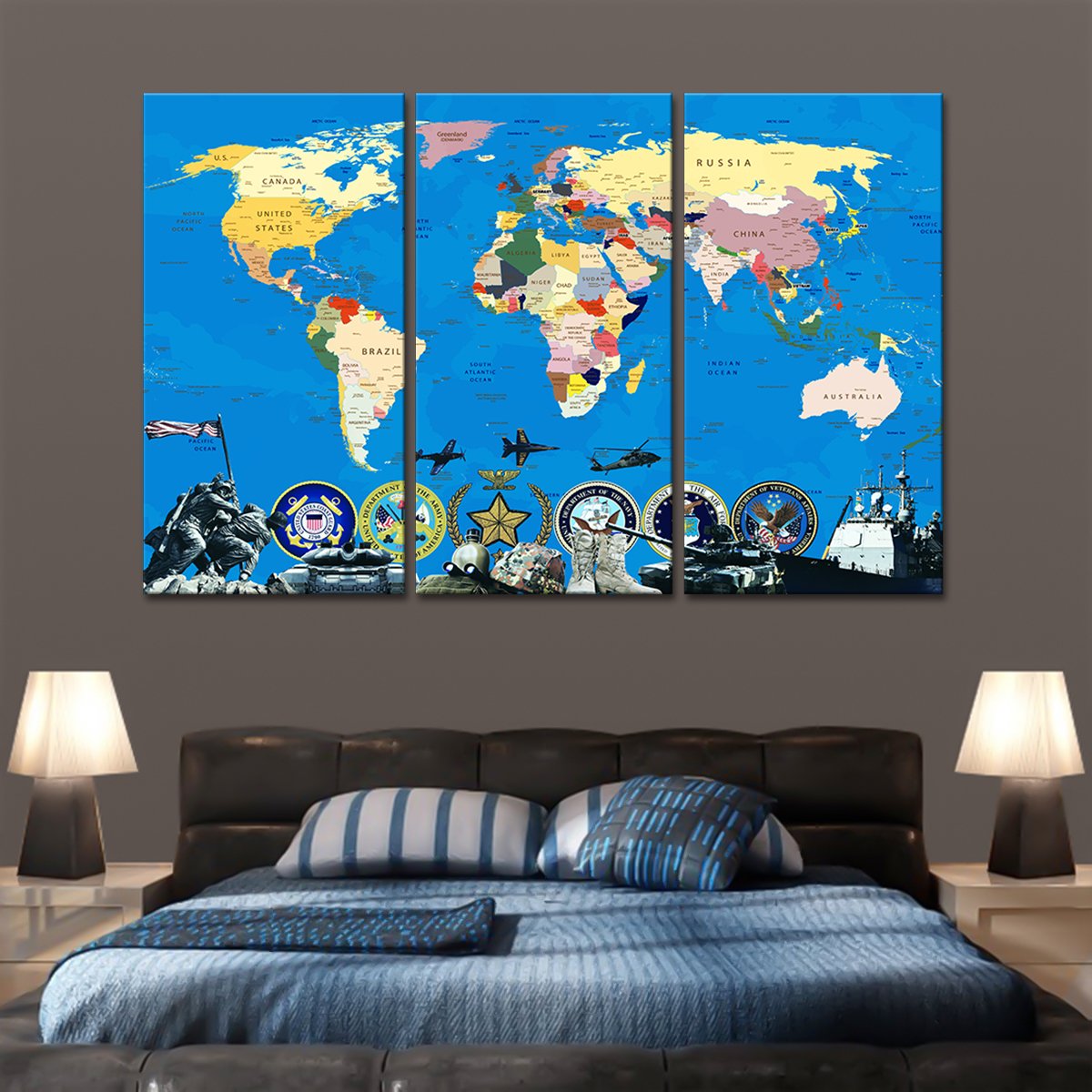 Armed Forces World Map Masterpiece Multi Panel Canvas Wall Art