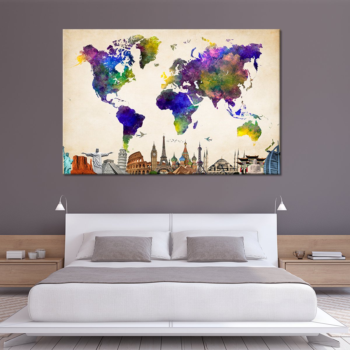 Violet World Map Masterpiece Multi Panel Canvas Wall Art