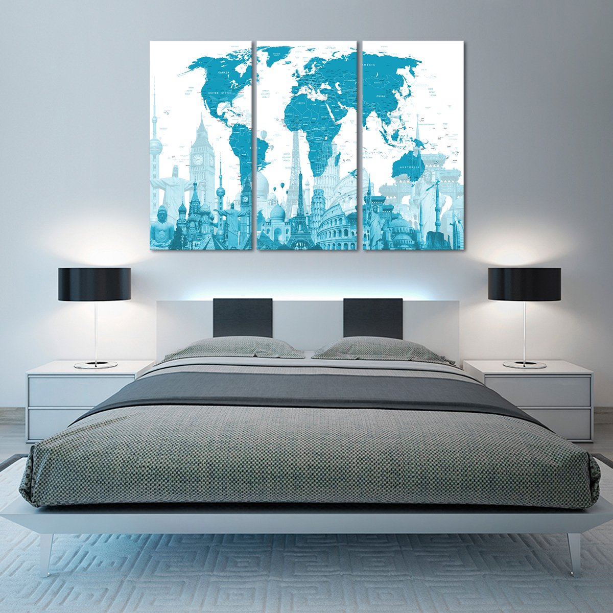 Mystic Blue World Map Masterpiece Multi Panel Canvas Wall Art