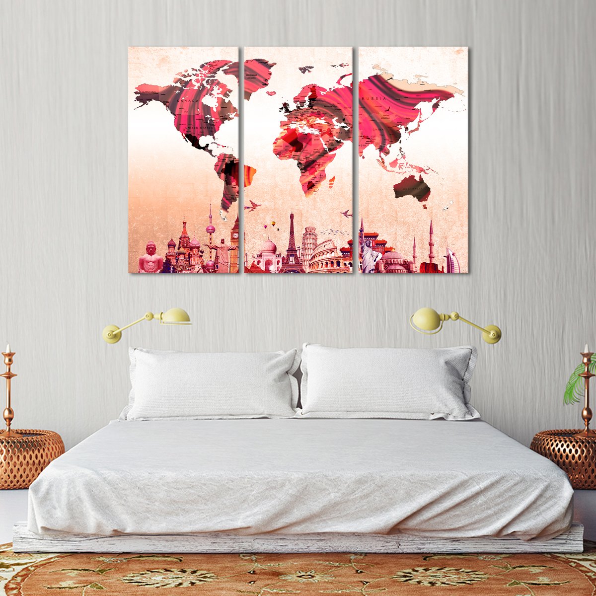 Textured Rose Gold World Map Masterpiece Multi Panel Canvas Wall Art