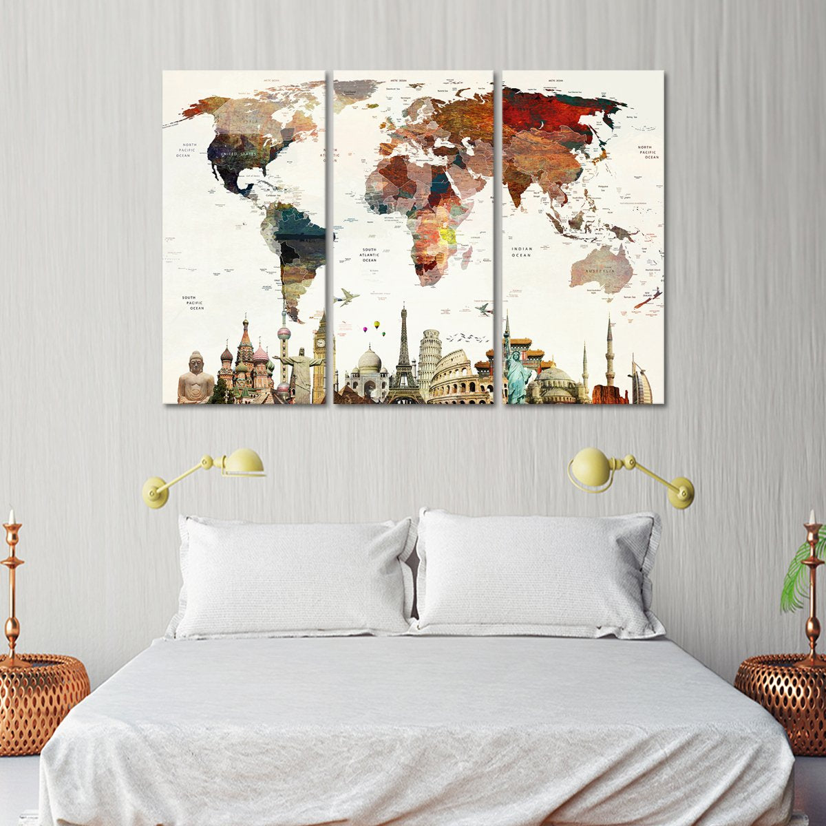 Colorful Stains World Map Masterpiece Multi Panel Canvas Wall Art