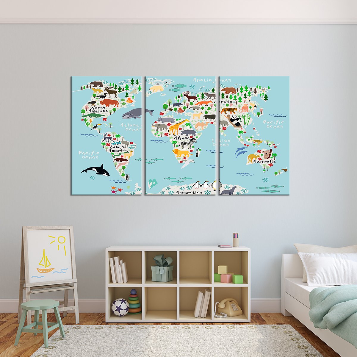 Baby Blue World Map Multi Panel Canvas Wall Art