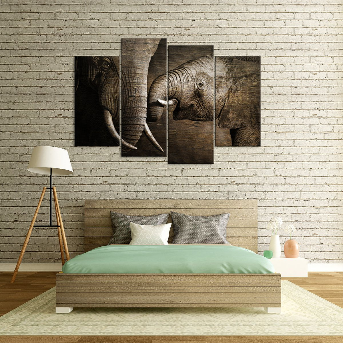 Wooden Elephant Affection Multi Panel Canvas Wall Art