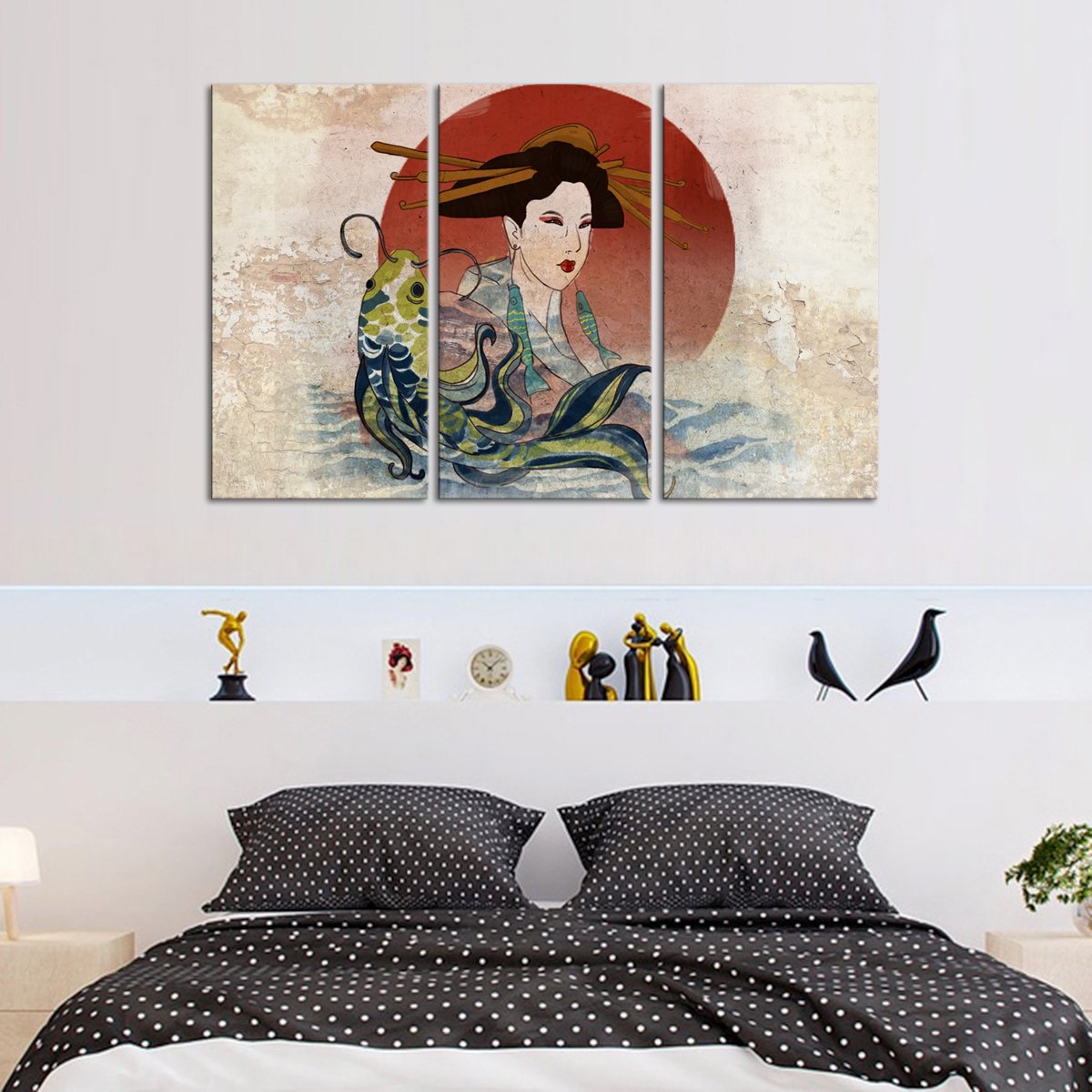Graceful Koi And Geisha Multi Panel Canvas Wall Art