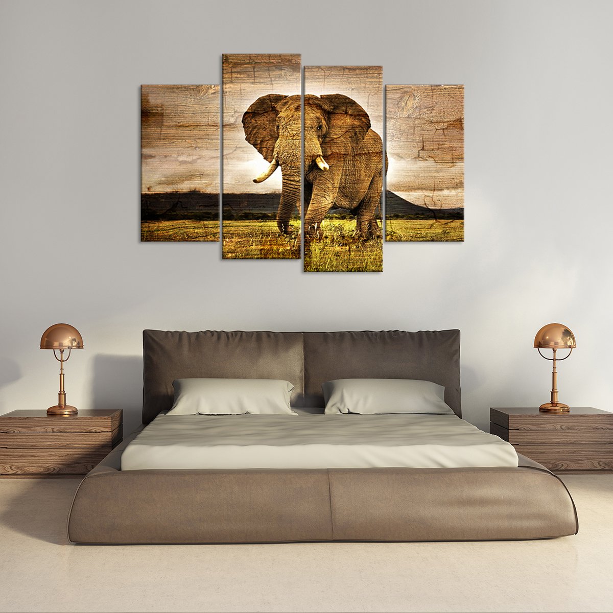 Wooden Elephant Landscape Multi Panel Canvas Wall Art