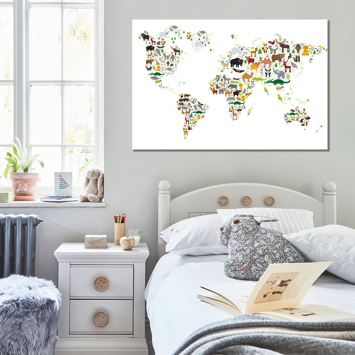 White Animals World Map Multi Panel Canvas Wall Art