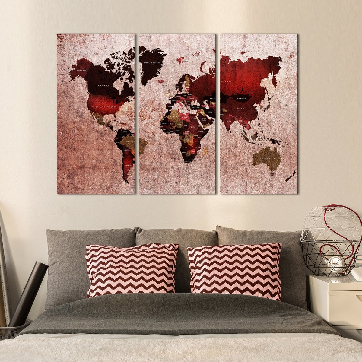 Ruby World Map Multi Panel Canvas Wall Art