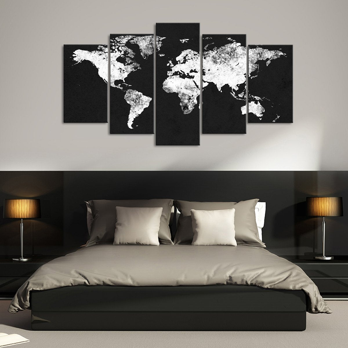 Charcoal World Map Multi Panel Canvas Wall Art
