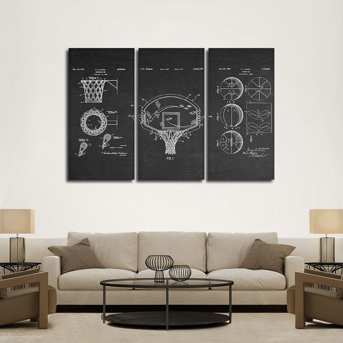 Basketball Patent Compilation BW Multi Panel Canvas Wall Art