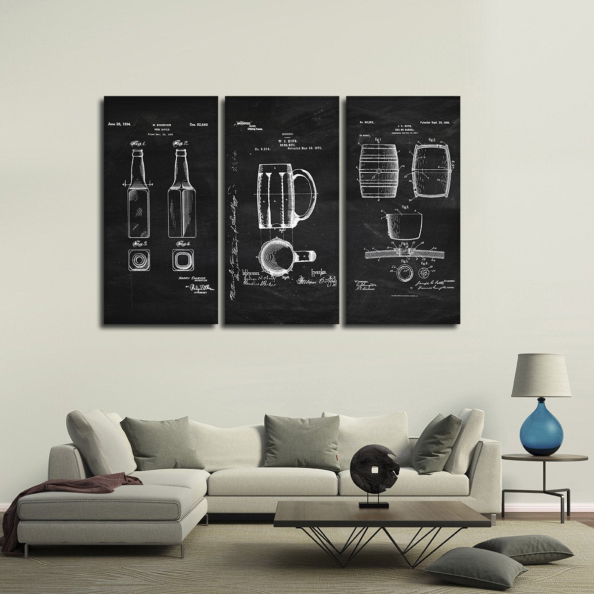 Beer Patent Compilation BW Multi Panel Canvas Wall Art
