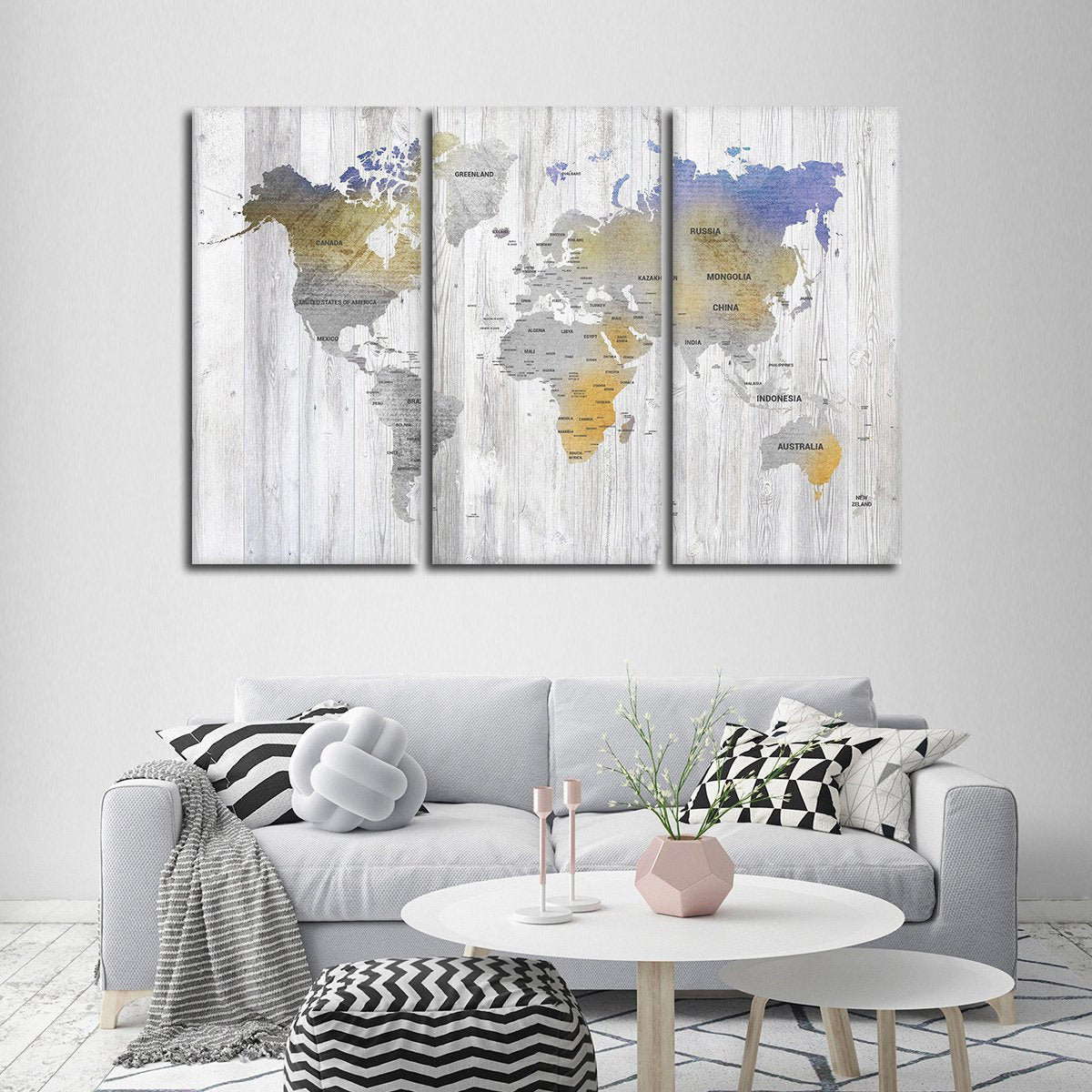 Bianco Wood World Map Multi Panel Canvas Wall Art