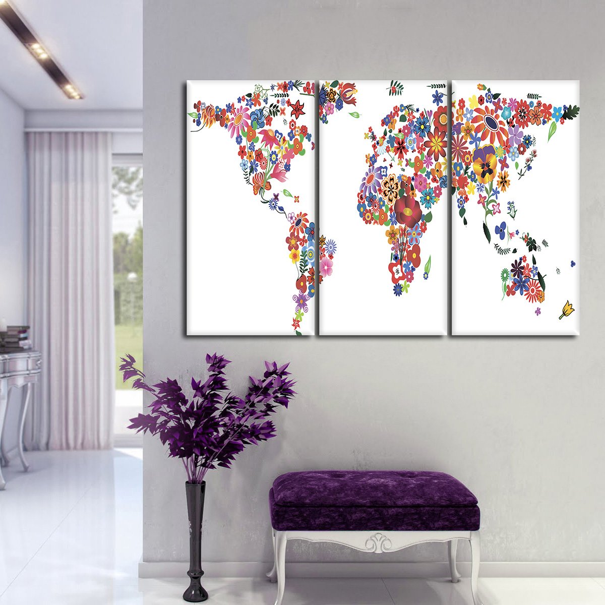 Blooming Flower World Map Multi Panel Canvas Wall Art