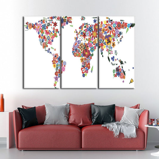 Blooming Flower World Map Multi Panel Canvas Wall Art