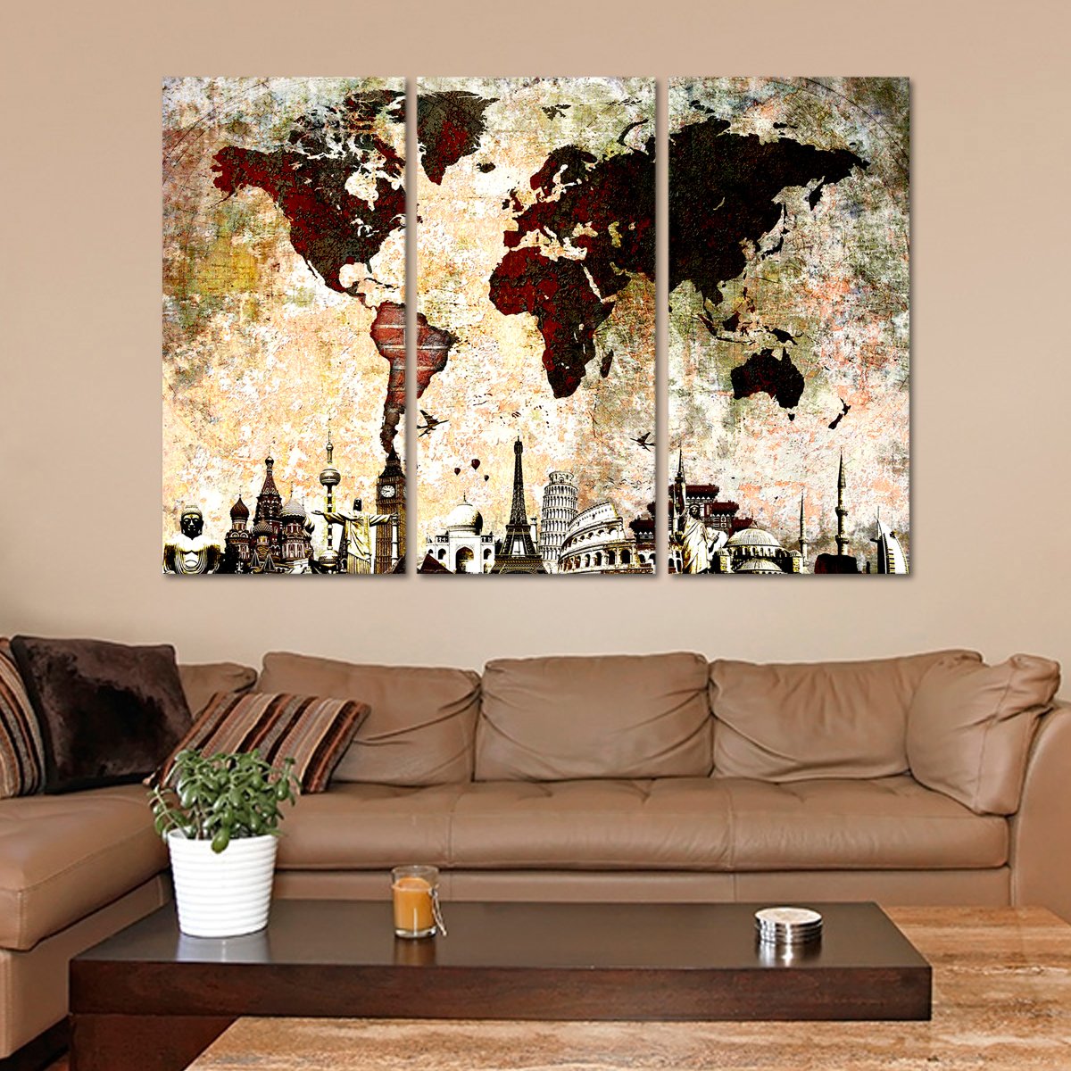 Brick World Map Masterpiece Multi Panel Canvas Wall Art