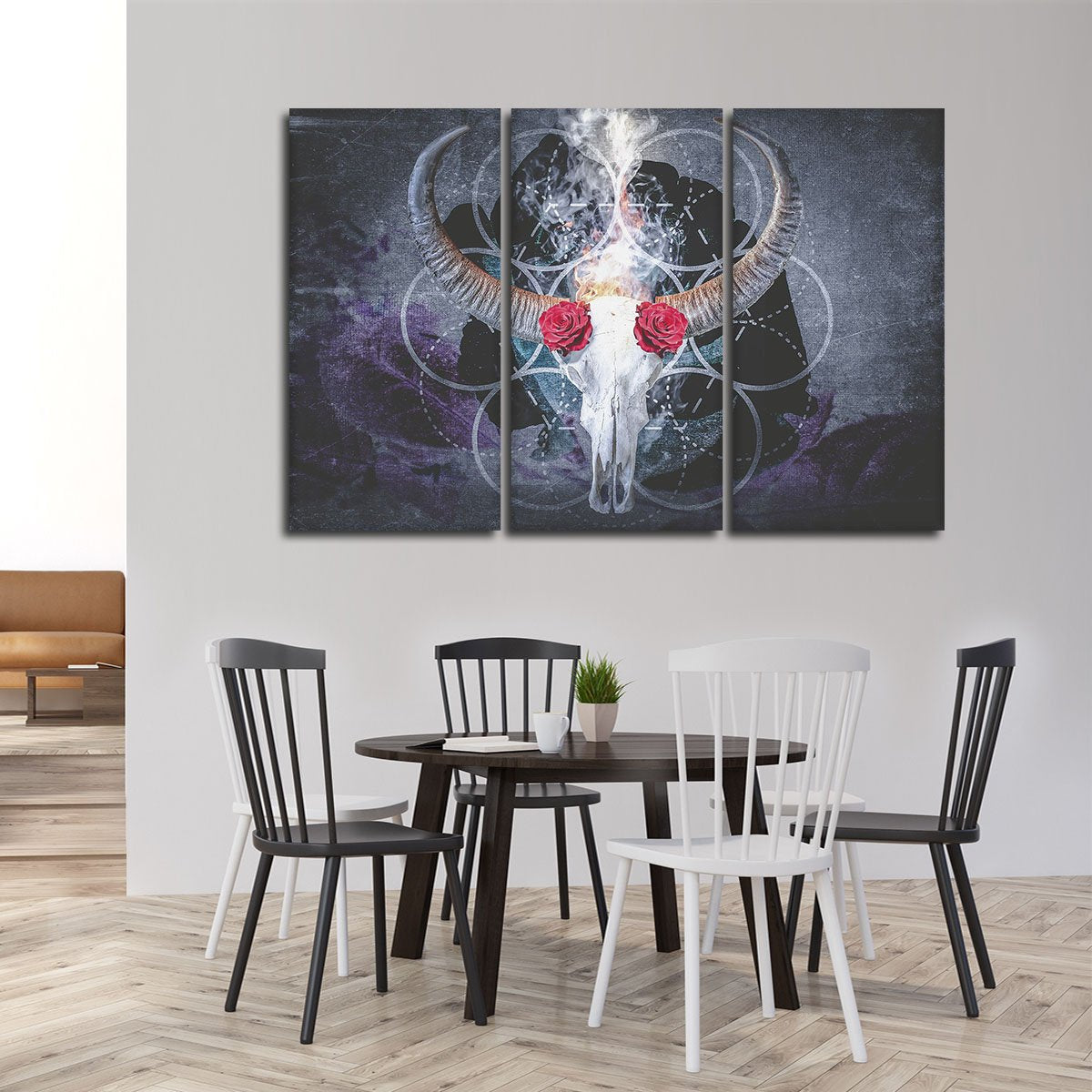 Bull Skull With Roses Multi Panel Canvas Wall Art
