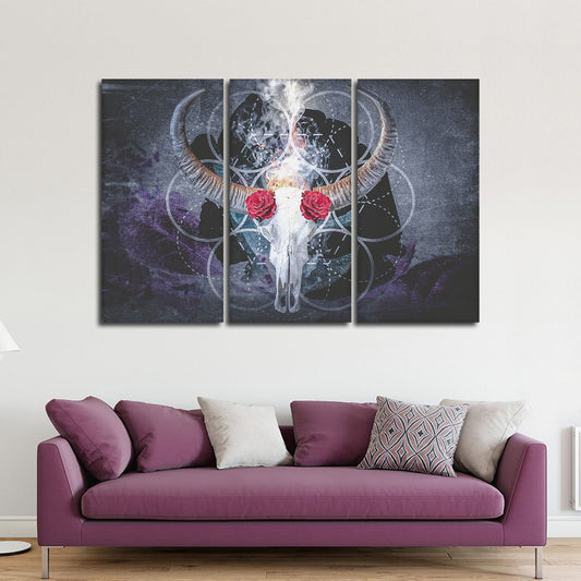 Bull Skull With Roses Multi Panel Canvas Wall Art