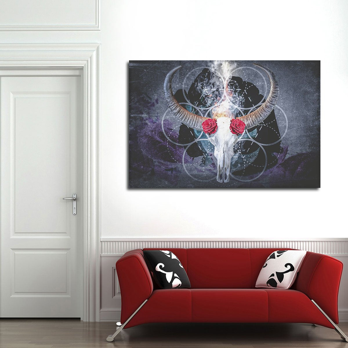 Bull Skull With Roses Multi Panel Canvas Wall Art