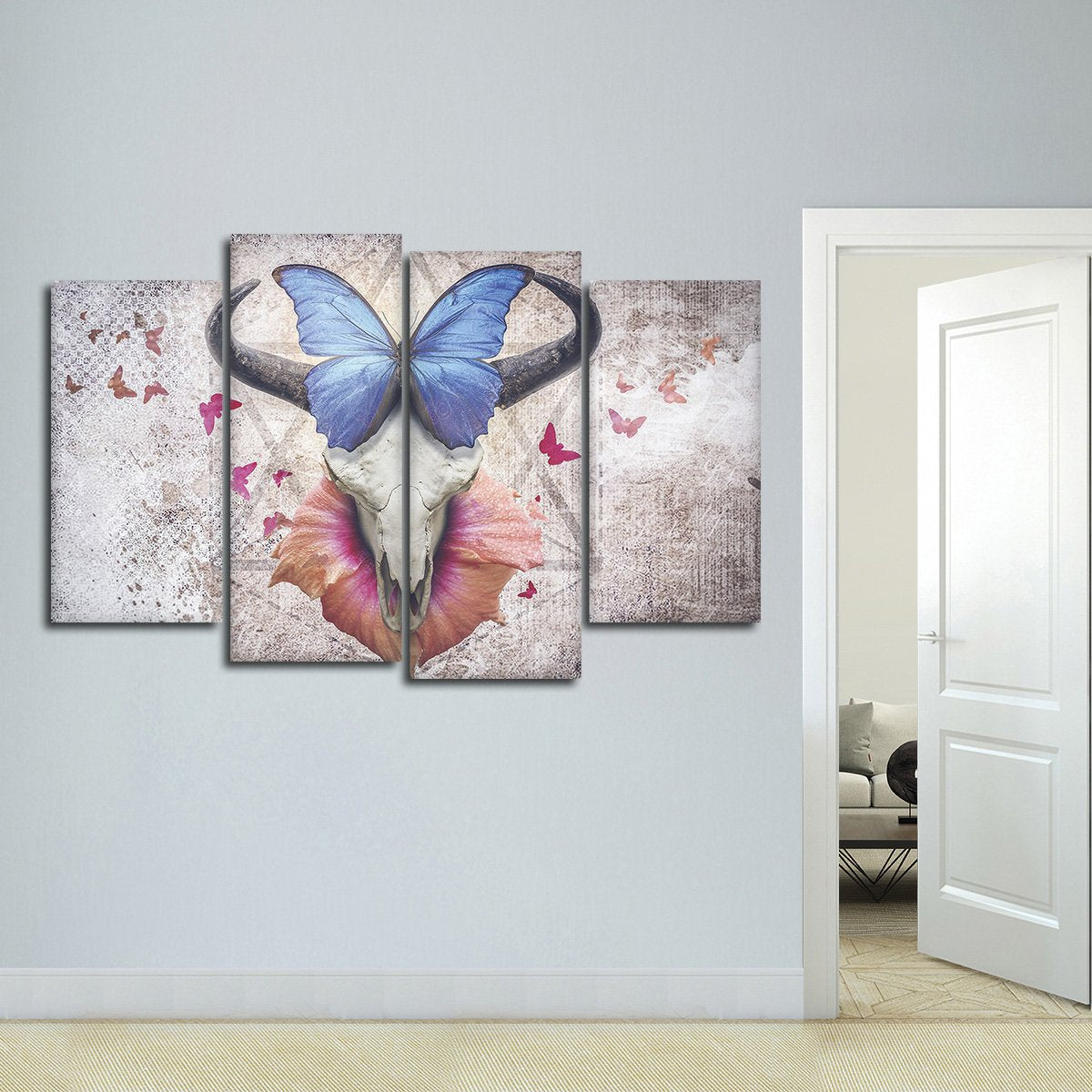 Butterfly Bull Skull Multi Panel Canvas Wall Art