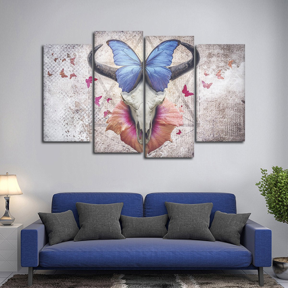 Butterfly Bull Skull Multi Panel Canvas Wall Art