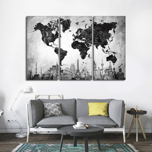 Charcoal World Map Masterpiece Multi Panel Canvas Wall Art