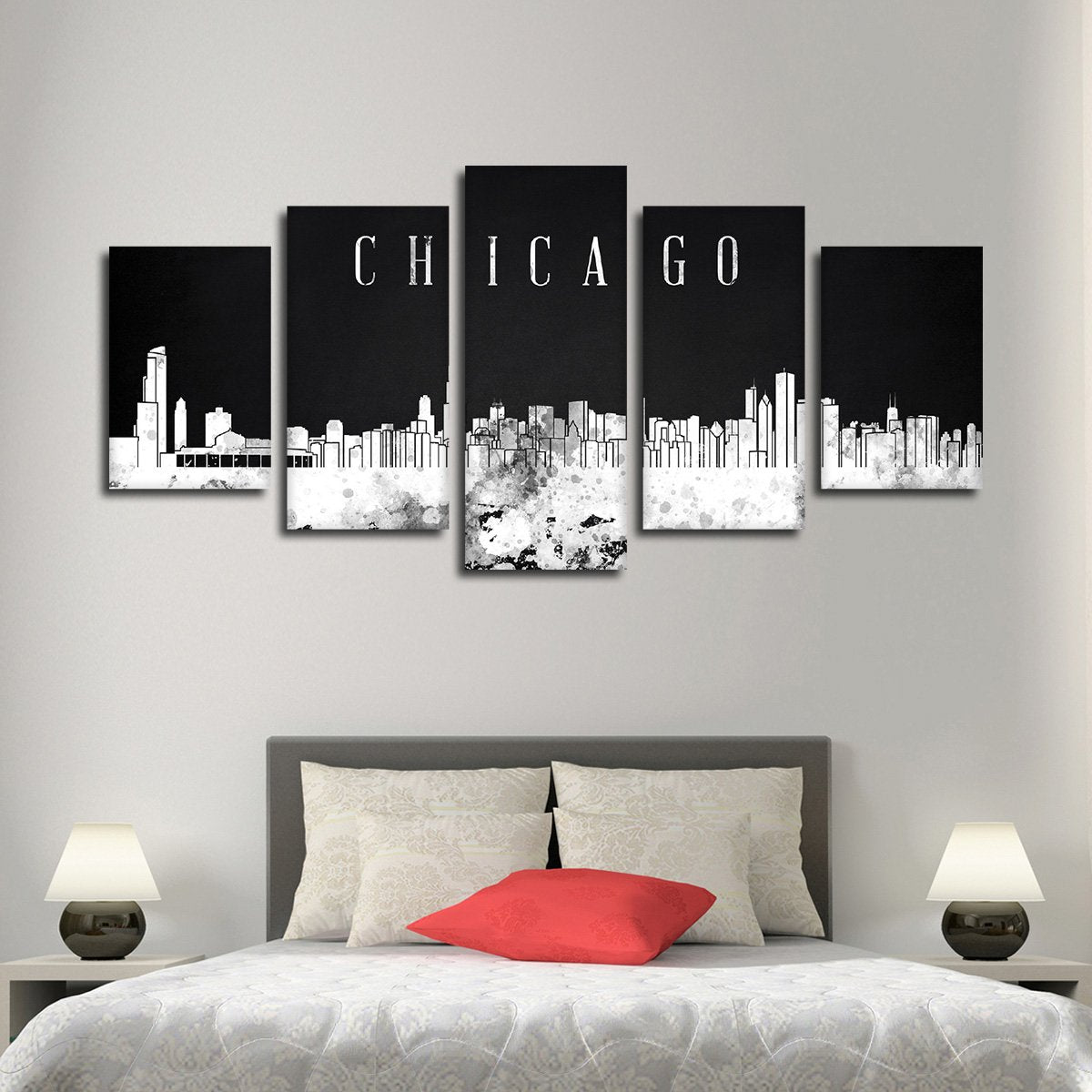 Chicago Watercolor Skyline BW Multi Panel Canvas Wall Art
