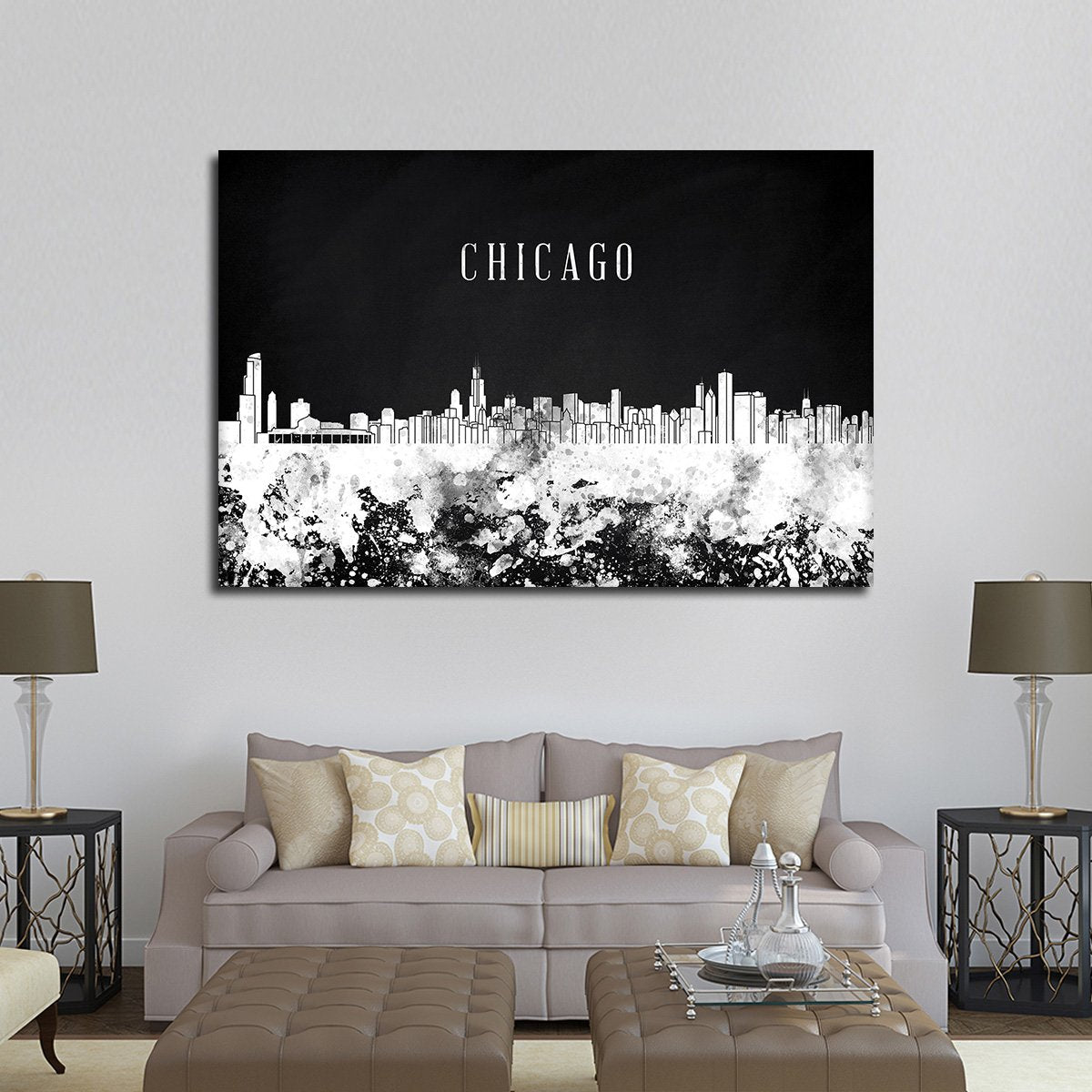 Chicago Watercolor Skyline BW Multi Panel Canvas Wall Art