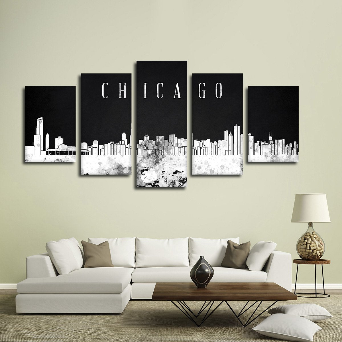 Chicago Watercolor Skyline BW Multi Panel Canvas Wall Art