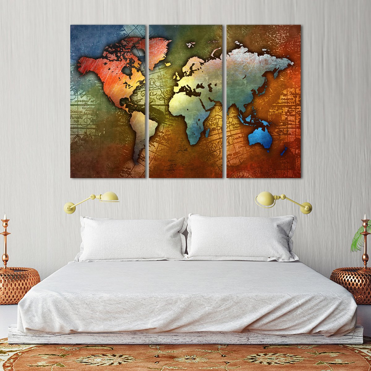 Colorful Metal World Map Multi Panel Canvas Wall Art