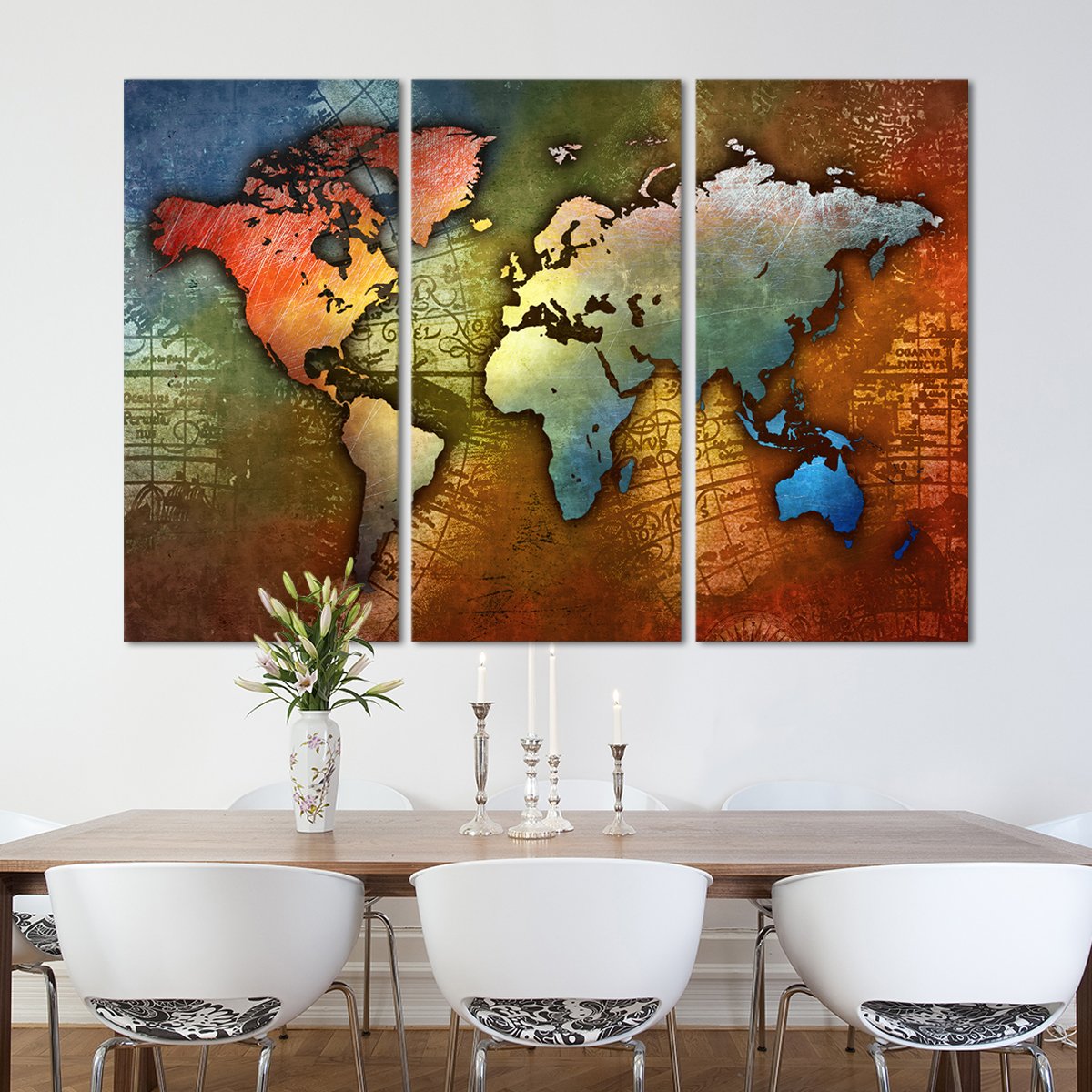 Colorful Metal World Map Multi Panel Canvas Wall Art