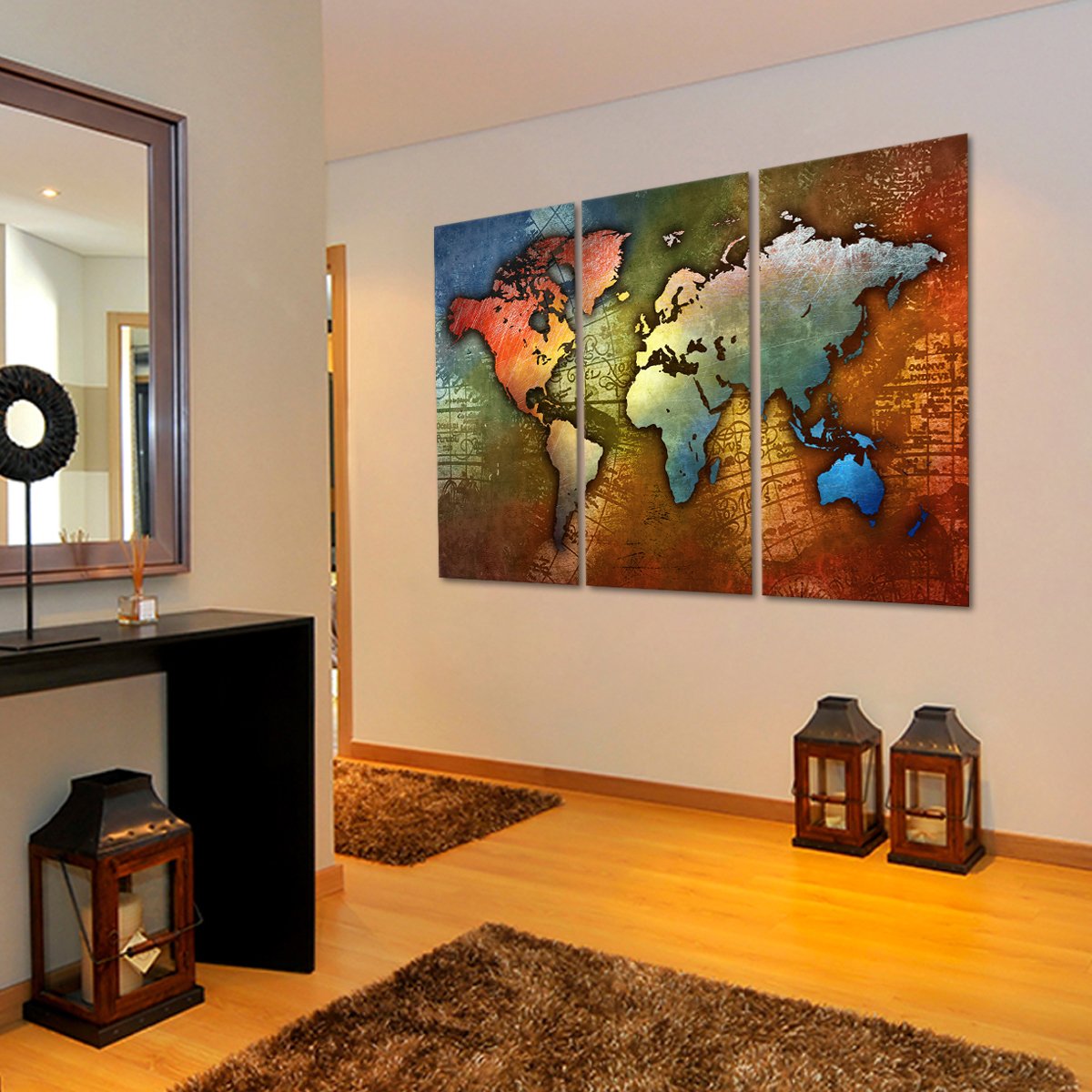 Colorful Metal World Map Multi Panel Canvas Wall Art