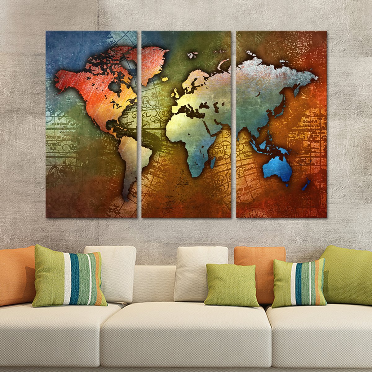 Colorful Metal World Map Multi Panel Canvas Wall Art