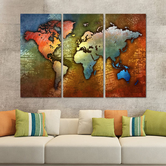 Colorful Metal World Map Multi Panel Canvas Wall Art