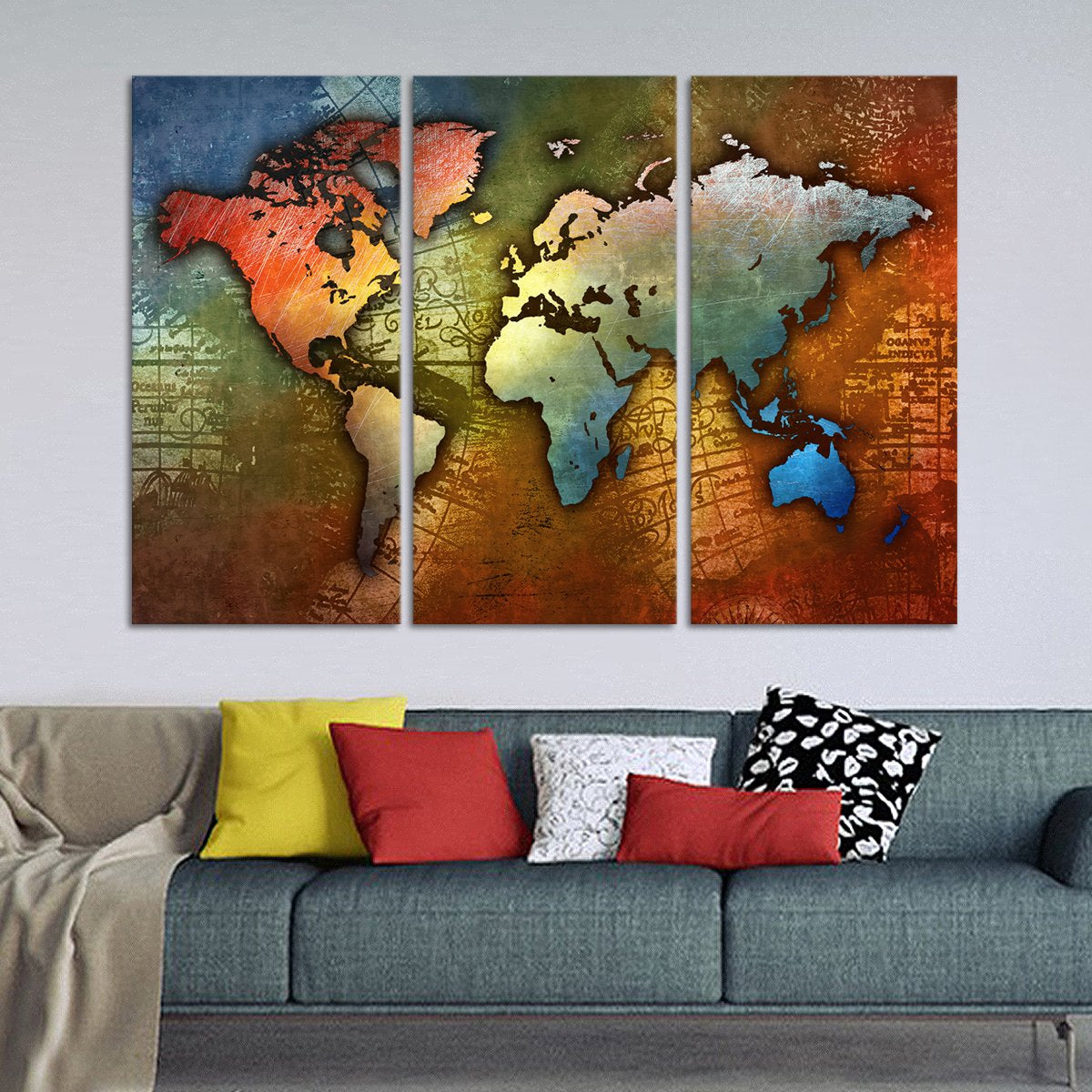 Colorful Metal World Map Multi Panel Canvas Wall Art