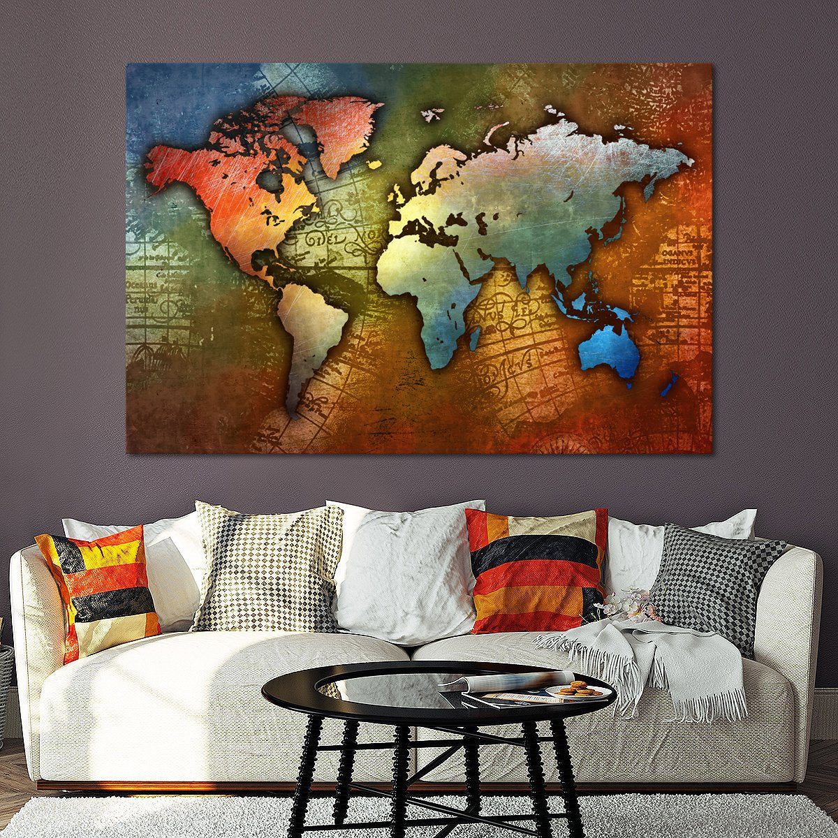 Colorful Metal World Map Multi Panel Canvas Wall Art