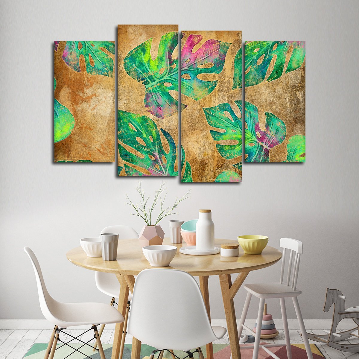 Colorful Monstera Leaves Multi Panel Canvas Wall Art