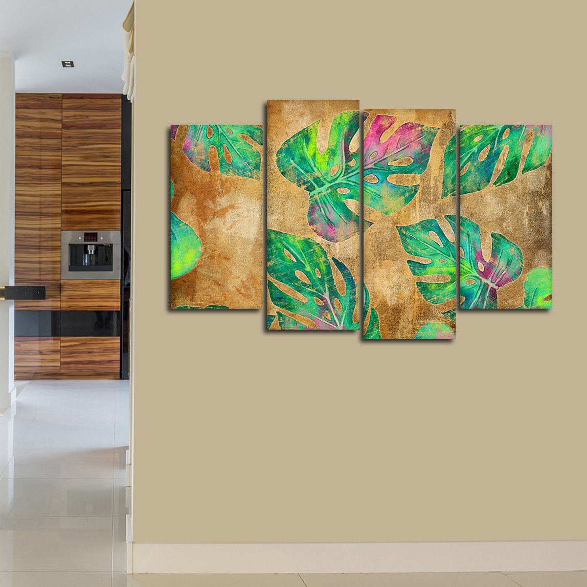 Colorful Monstera Leaves Multi Panel Canvas Wall Art