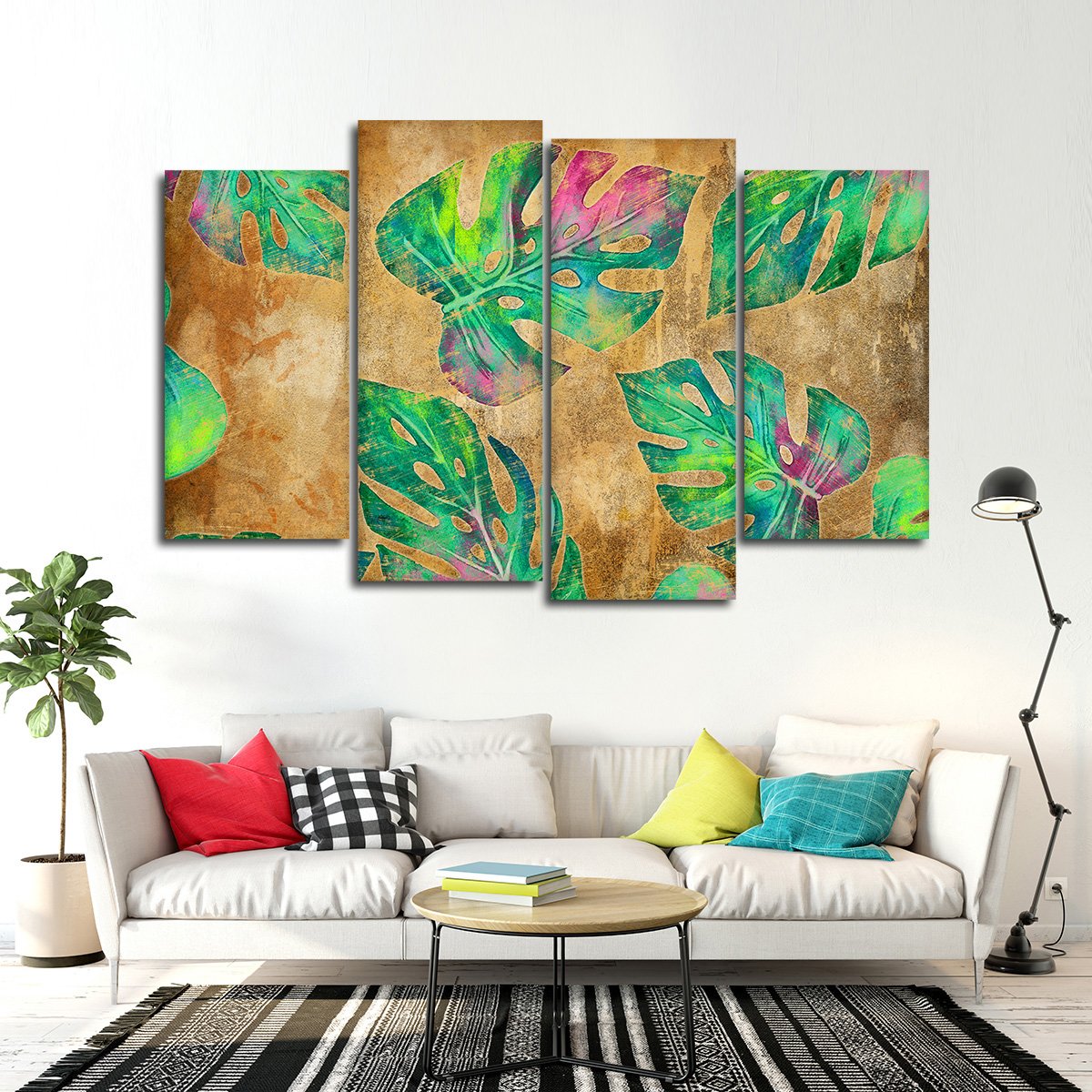 Colorful Monstera Leaves Multi Panel Canvas Wall Art
