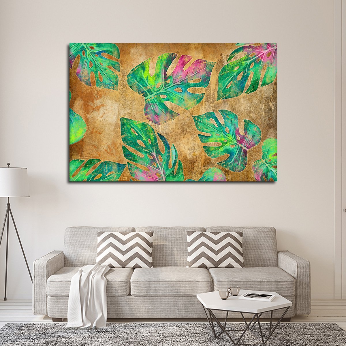 Colorful Monstera Leaves Multi Panel Canvas Wall Art