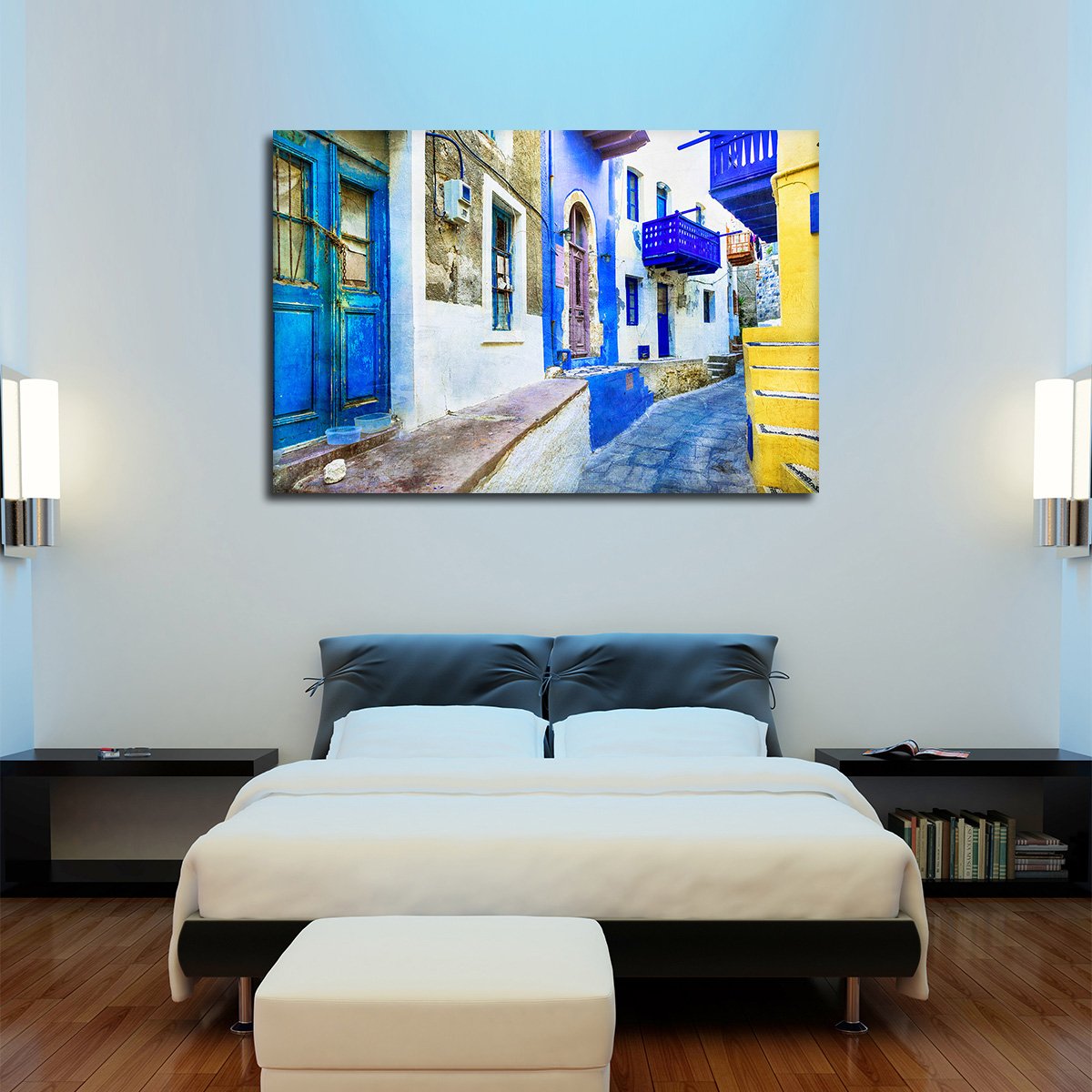 Colorful Street In Greece Multi Panel Canvas Wall Art