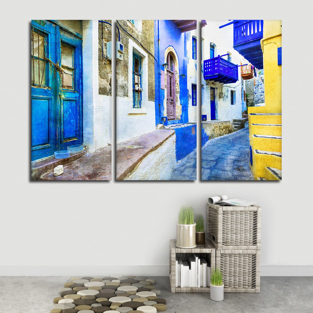 Colorful Street In Greece Multi Panel Canvas Wall Art