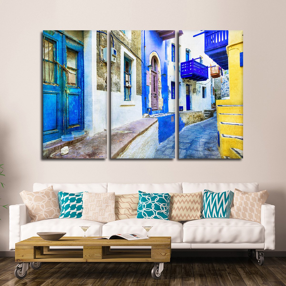 Colorful Street In Greece Multi Panel Canvas Wall Art
