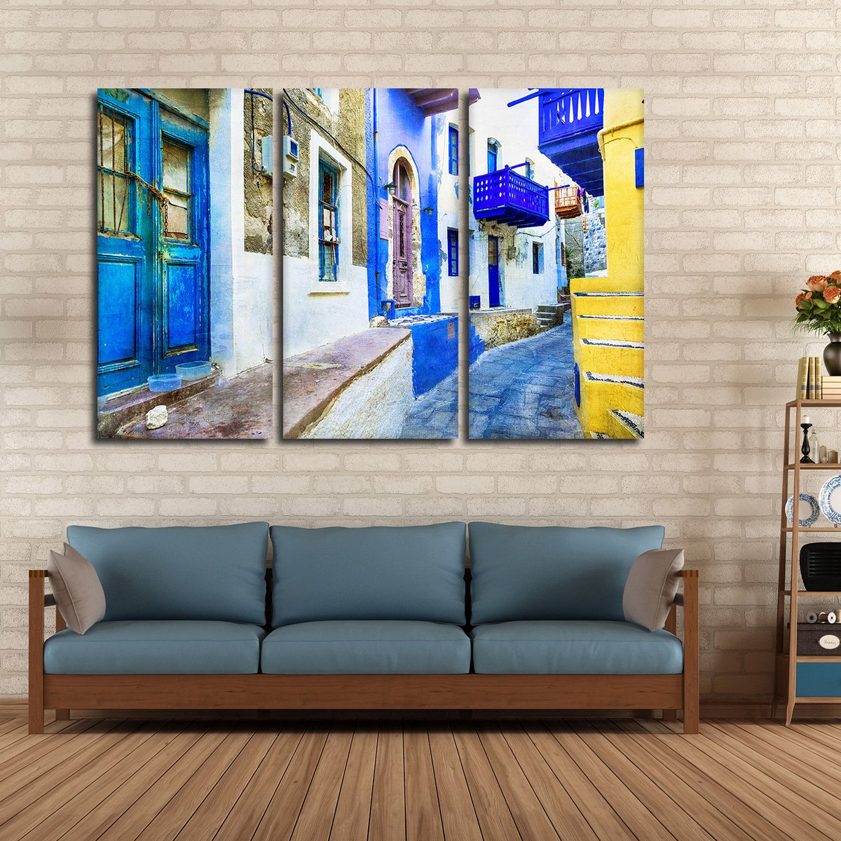 Colorful Street In Greece Multi Panel Canvas Wall Art