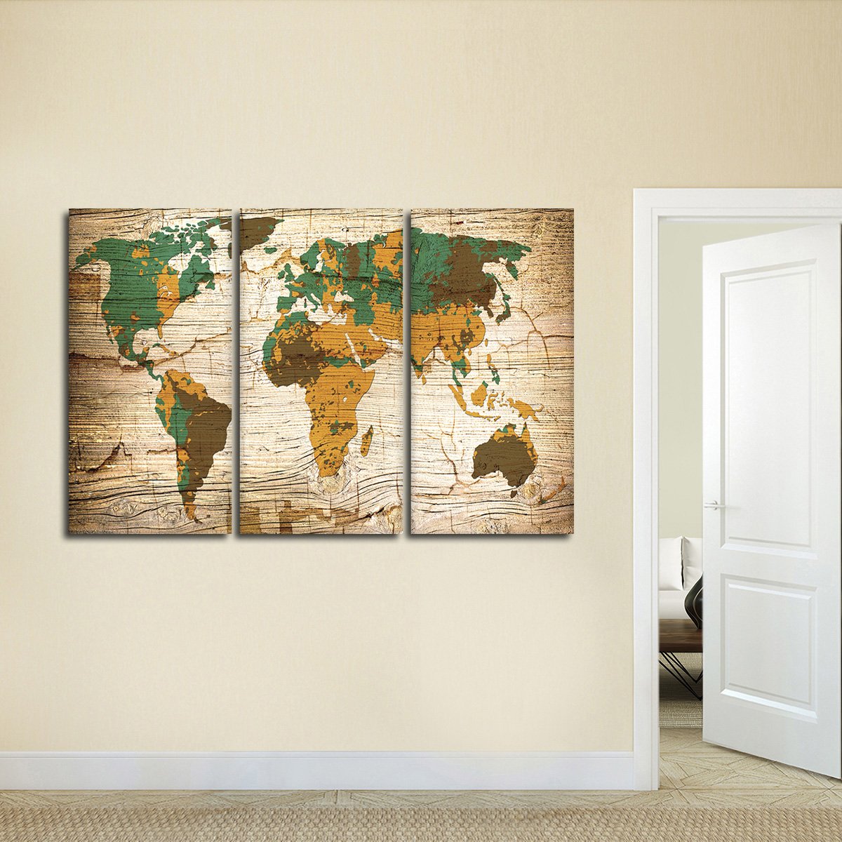 Wooden Safari World Map Multi Panel Canvas Wall Art