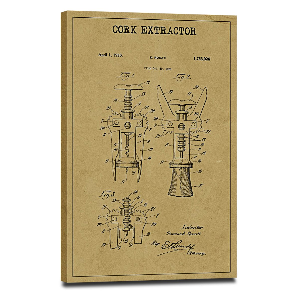 Cork Extractor Patent Canvas Wall Art