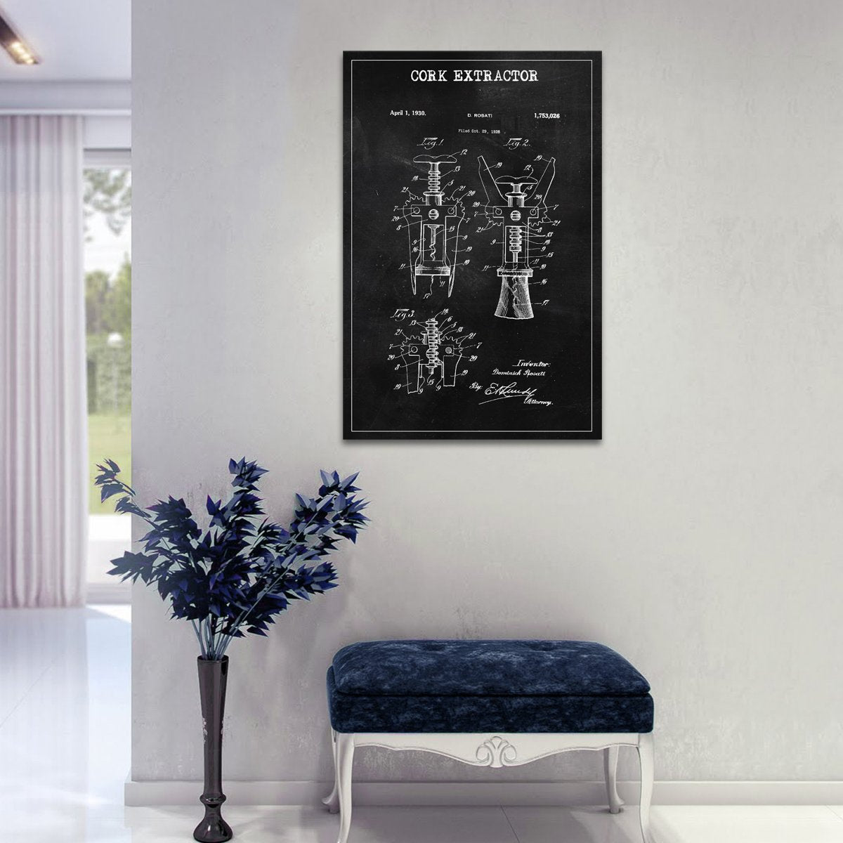 Cork Extractor Patent BW Canvas Wall Art